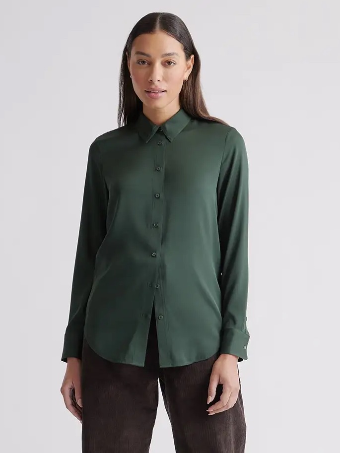 Quince Forest Green Washable Stretch Silk Blouse
